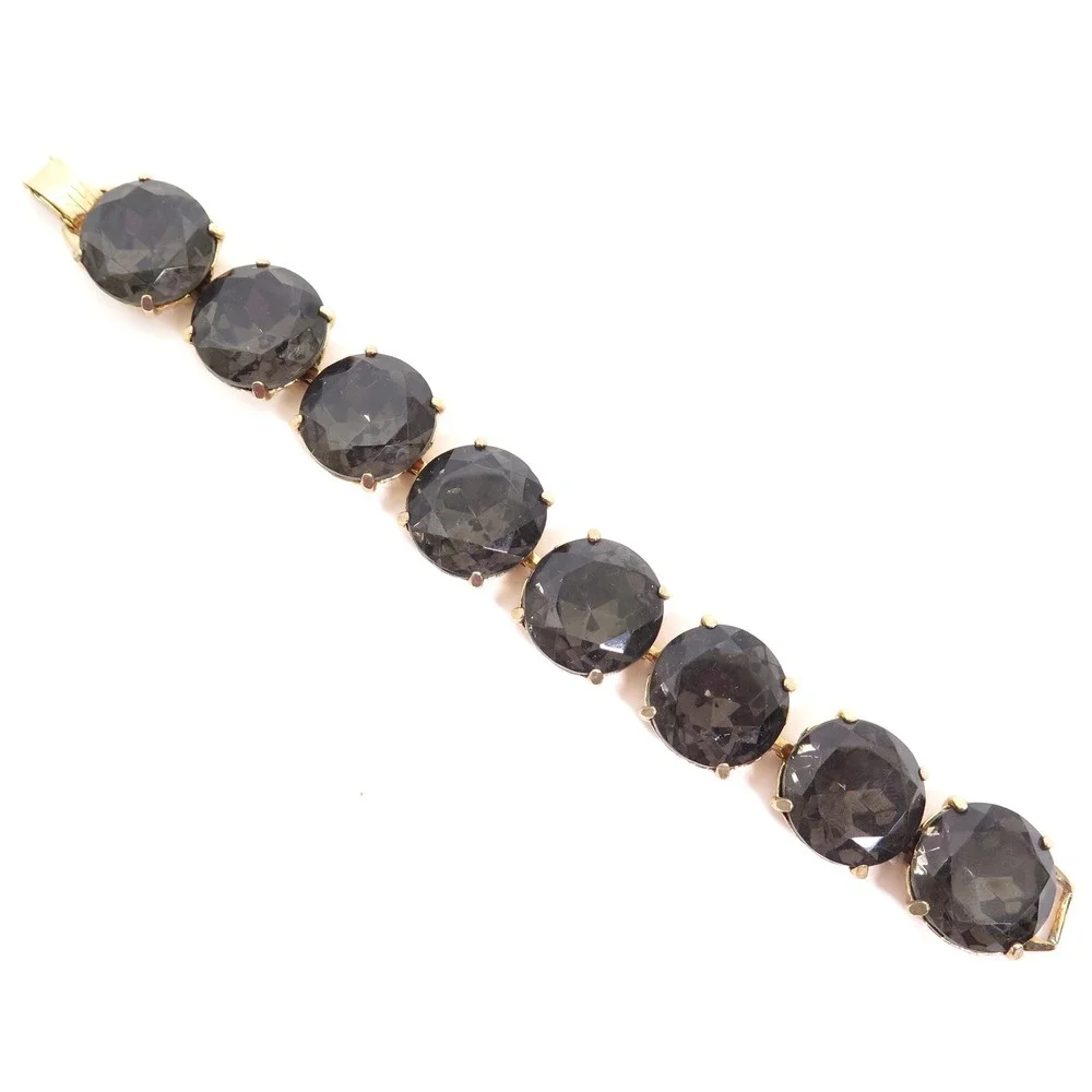 Vintage High End Large Dark Olivine Gray Rhinestone Gold Plated Bracelet‎